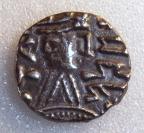 Anglo-Saxon silver denarius ("sceat"): Series R2. Radiate bust on pyramidal neck. Runic EPA before and retrograde TAT behind. Standard TOTII with TUFA below. EMC 2009.0329